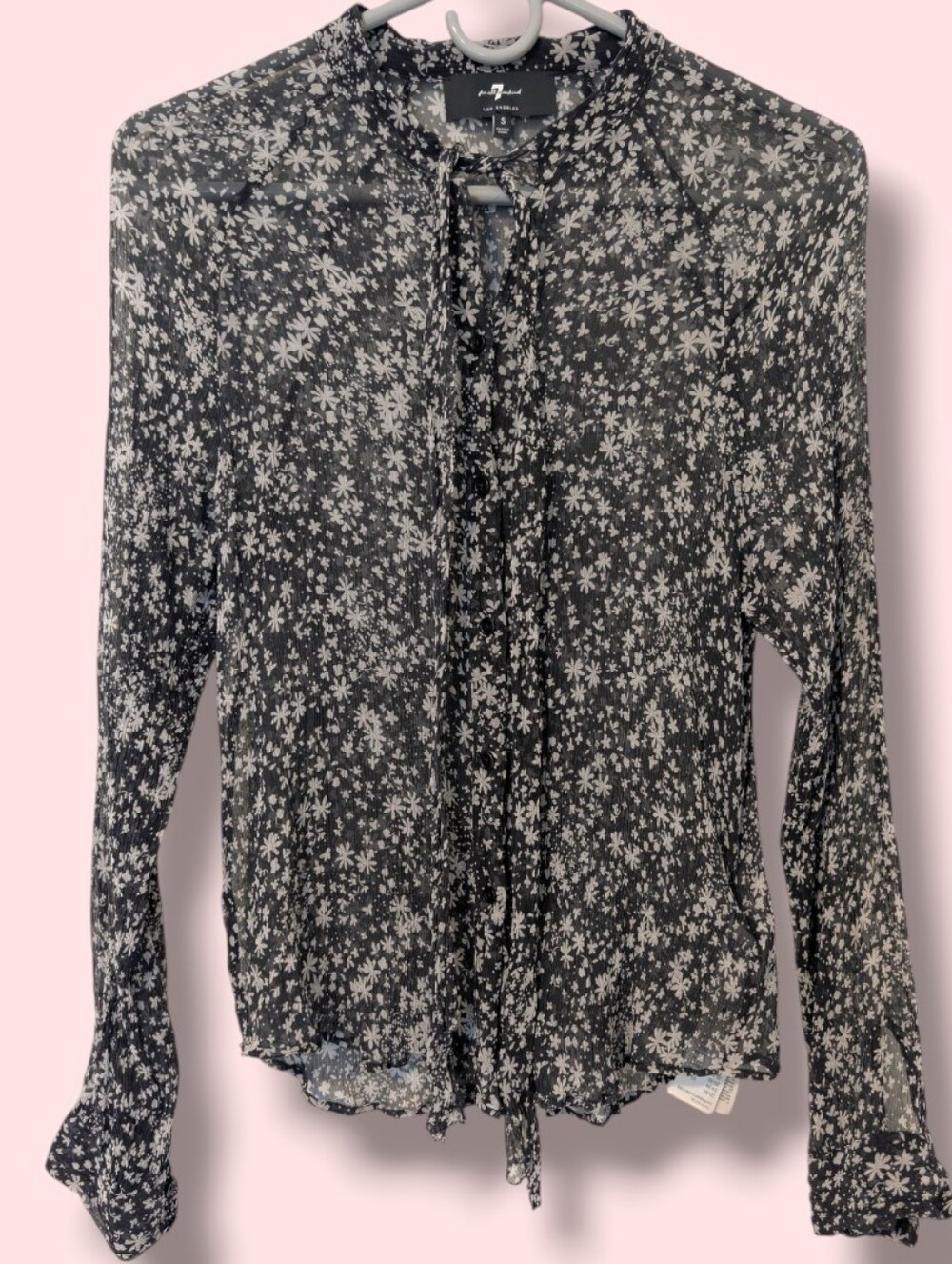 7 For All Mankind Black Ditsy Floral 100% Silk Sheer Plisse Tie Button-Up Top